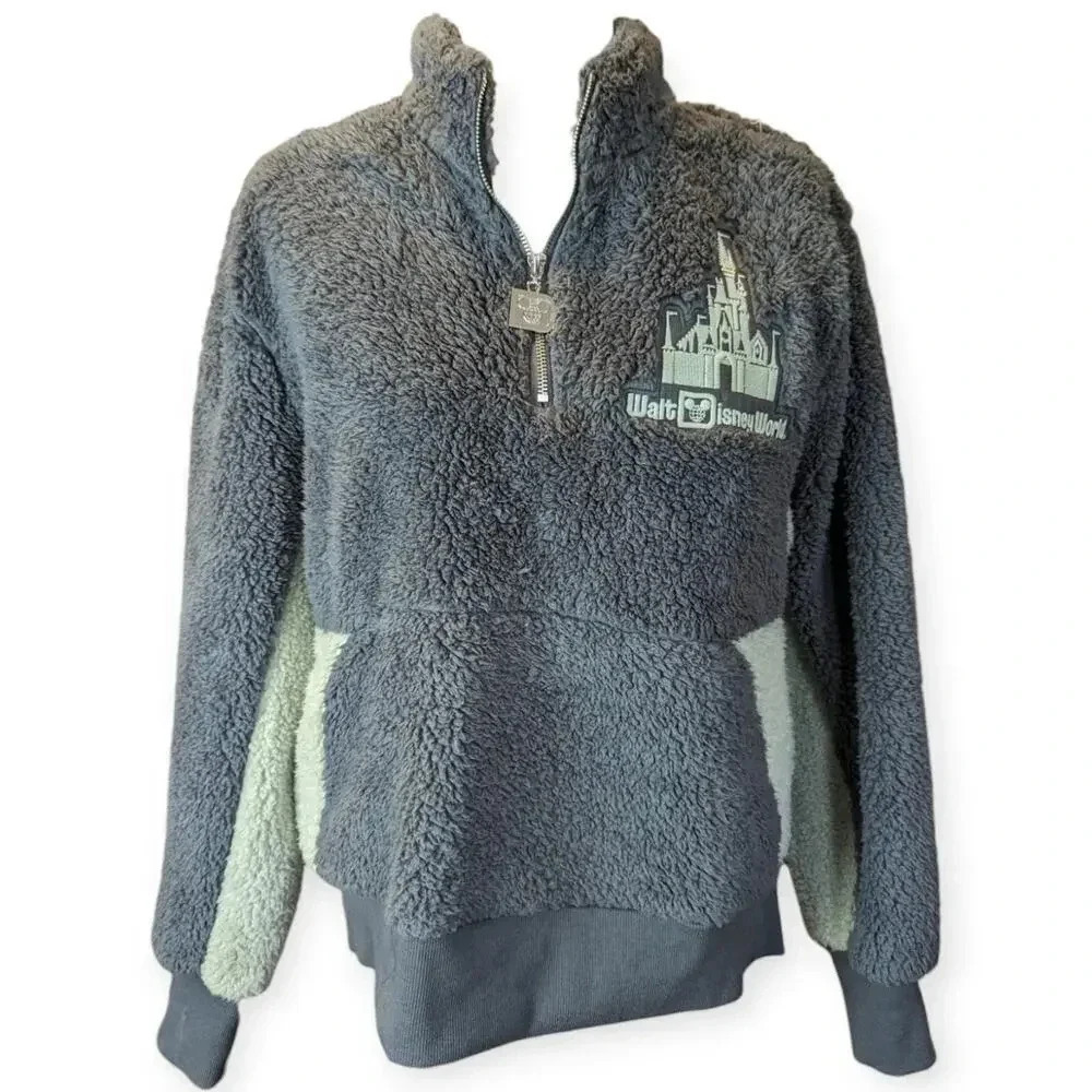 New Disney World Fleece Quarter Zip Pullover Sweater Size Small Gray Mint WDW